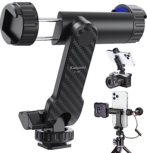 Kaitezenz Cell Phone Tripod Mount, Universal Tripod Phone Mount with 2 Cold Shoes, 360° Rotates 180° Tilts Camera Hot Shoe Phone Mount Smartphone Tripod Holder Adapter for iPhone Samsung All Phone