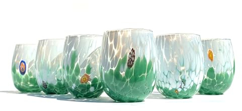 MAZZEGA ART & DESIGN 6 Verres à eau bicolores en verre soufflé et travaillé à la main avec des murrines Murano - Les couleurs de Murano - Bicolor 435 ml. Fabriqué en Italie. (Vert, 6)