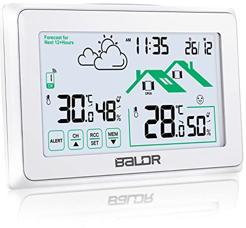 BALDR Wetterstation Funk mit Außensensor, Digital DCF-Funkuhr Innen und Außen Thermometer Hygrometer mit Wettervorhersage, Funkthermometer mit Batteriebetrieben Wetterstation