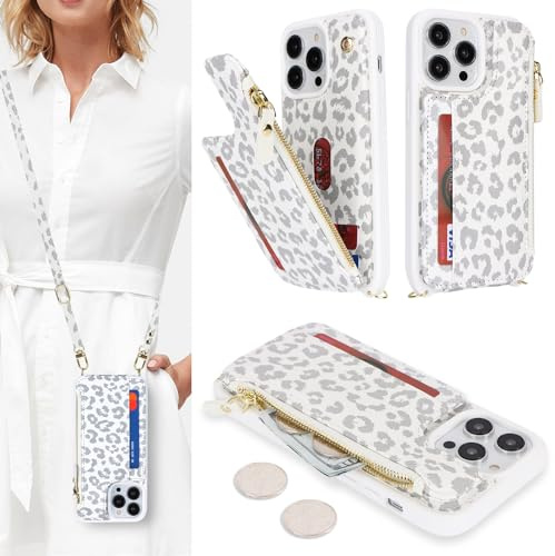 SailorTech Handyhülle für iPhone 12 Pro Max Etui mit Kartenfach, iPhone 12 Pro Max Hülle mit Verstellbarer Halskette, iPhone 12 Pro Max Handytasche mit Reißverschluss Geldbörse - Weißer Leopard