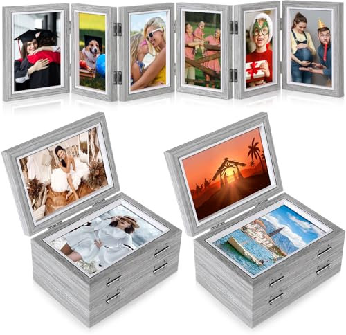Sintuff Klapp-Bilderrahmen, 10,2 x 15,2 cm, zusammenklappbar, Naturholz, rustikaler Schreibtisch mit High-Definition-Acryl, für Abschlussfeier, Muttertag, Hochzeit, Geschenk, Wanddekoration, Grau, 2