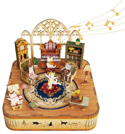 Tonecheer Caja de Música de Madera 3D Puzzle, Kit de Modelo DIY para Adultos, Caja de Música Giratoria, Puzzle de Madera Regalos para Decoración del Hogar, Cumpleaños, Navidad(Familia de Gatos)