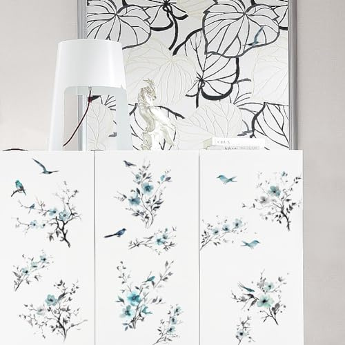PLIGREAT 3 Fogli Inchiostro Rami di Fiori e Uccelli Strofinare Su Trasferimenti Per Mobili In Legno Armadio Frigorifero Tavolo DIY Decorazione Adesivo Pittura Cinese Decorazione Immagine Trasferimenti