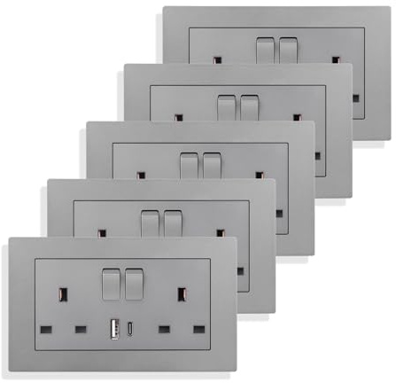JIMEIDA 5 Pack 13A Double Switched Socket with USB, LED & 2 USB Ports Grey | 5 Pack, 13A, 250V, 2x USB (A+C) 3.1A, Double Switched, LED Indicator, Fireproof PC, 146x86mm, Grey