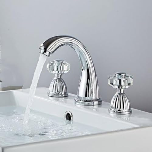 Waschbecken-Wasserhahn, Schwarz, weit verbreiteter Waschbecken-Wasserhahn, Messing-Gold-Wasserhahn, Badezimmer-Waschbecken-Wasserhahn, 3-Loch-Kristallgriff, Warm- und Kaltwasserhahn (Color : Chrome2