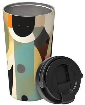 El gato de arte moderno de mediados de siglo lleva una taza de café aislada. Elegante termo de 500 ml que mantiene las bebidas calientes durante horas, perfecto para café, té y mucho más.