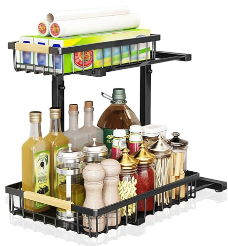 LeapBeast 2 Etagen Unter Waschbecken Regal,Höhenverstellbar Aufbewahrung unter der Spüle,MetallUnter Waschbecken Regal,Spülschrank Organizer,für Küche, Waschbecken, Bädern, Schrank (1, Schwarz)