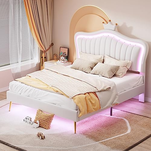 Kinderbett Doppelbett 140x200, Kronen-Prinzessinnenbett mit Höhenverstellbarem LED Kopfteil und Lattenrost, Bett Polsterbett Mädchenbett Rückenlehne Bettgestell Bettrahmen, PU, Ohne Matratze, Weiß