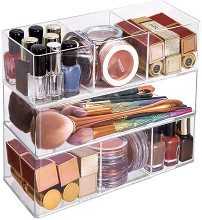 3 PCS Organizador de Maquillaje Acrílico,Cajas Organizadoras Maquillaje con Compartimentos,Transparentes para Maquillaje Caja Organizadora,para Escritorio Armario Baño Tocador Encimera.(23*9*6.3cm)