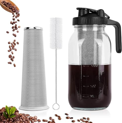 Xummi Cafetera Cold Brew de 1,8 L, tapa con asa y filtro de acero inoxidable, para café y té en frío, color negro