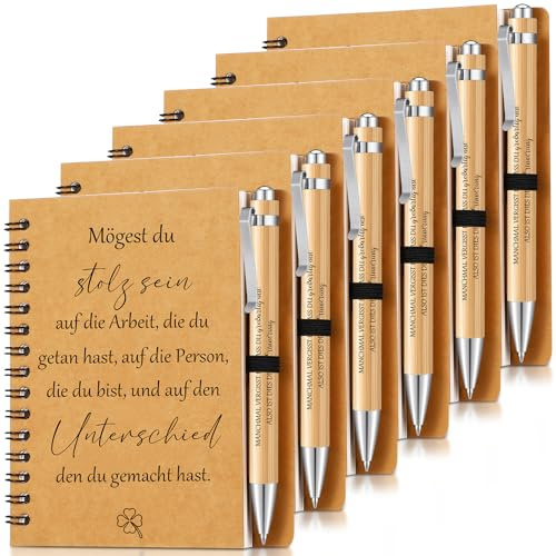 Sinmoe 6 Set Dankeschön Geschenk für Kollegen Lehrer Abschiedsgeschenk | Mögest du stolz Sein auf die Arbeit, Inspirierend Spirale Notizblock, Kugelschreiber Holz, Mitarbeiter Erzieherin Geschenk