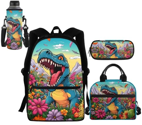 HELLHERO Set 4 in 1 per bambini con borsa per il pranzo, astuccio per bottiglia d'acqua, Dinosauro 2, medium