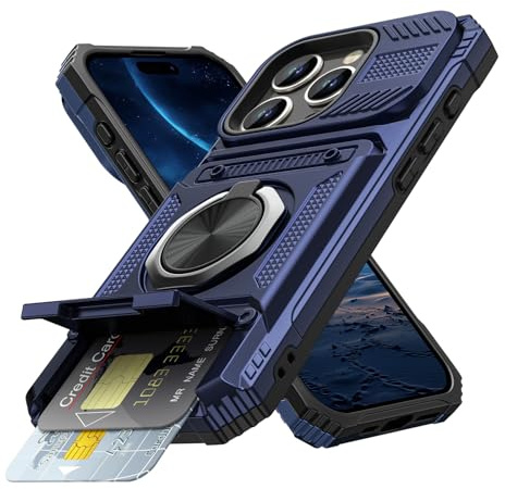Coolden for iPhone 16 Pro Case with Card Holder [Max 2 Cards] Ring Kickstand Shockproof Military Grade Dual Layer Heavy Duty Protective Case Wallet Case Cover for iPhone 16 Pro Phone Case-Navy