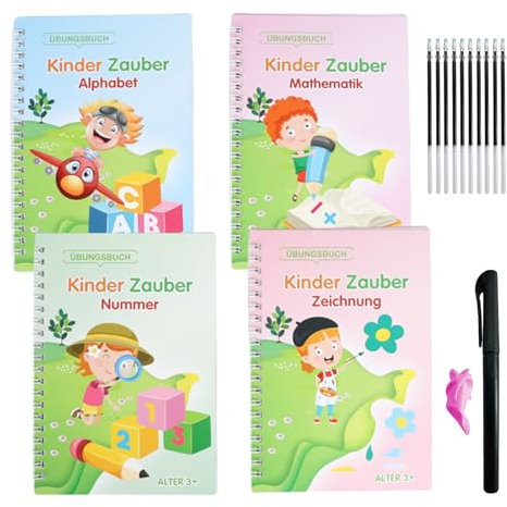 Yemoju Magisches Heft Deutsch,4 Stück 26 x 18.5 cm Wiederverwendbares Magisches Übungsheft für Kinder,Deutsche Magische Kalligraphie,mit 10 Nachfüllungen + 1 Stifthalter