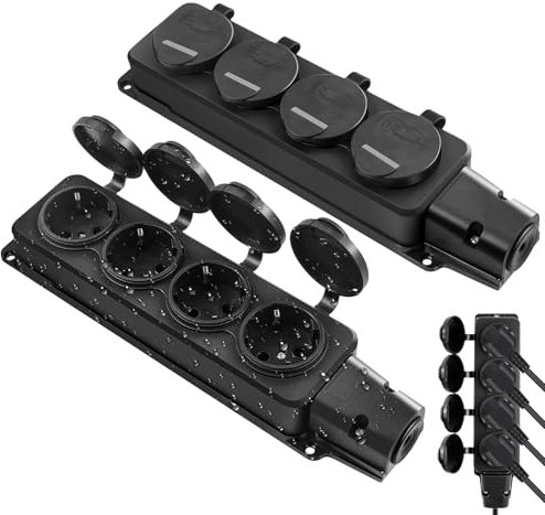 2 ciabatta elettrica per ambienti umidi, impermeabile, 4 prese, con coperchio ribaltabile, IP54, presa esterna per giardino, esterni, ambienti umidi, colore nero (senza cavo)