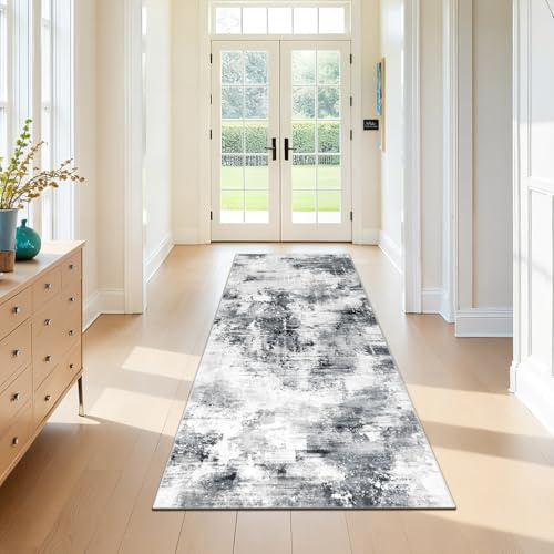SHACOS Langer Teppich Läufer Flur rutschfest 80x200 cm, Kurzflor Teppichläufer Modern, Küchenteppich Waschbar, Flurteppich Läufer Lang Flurläufer Teppich Läufer für Flur,Küche, Wohnzimmer, Grau