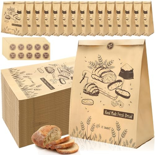 Acshio Paquete de 100 bolsas de pan de papel kraft, bolsas de pan de masa madre para pan casero con calcomanías, bolsas de almacenamiento de pan para el hogar, cocina, panadería, 9.5 x 3.5 x 13.7