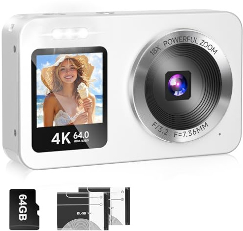 WABL Fotocamera digitale, 4K 64MP UHD Dual Screens, zoom 18X, fotocamere digitali portatili piccole puntate e sparare con scheda TF da 64 GB, 2 batterie ricaricabili per bambini, adolescenti, adulti