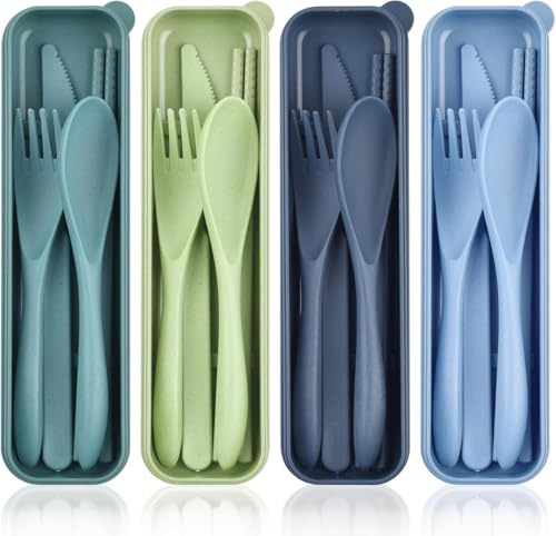 STNRST-IN 4Pack Portable Cutlery Set with Case, Reusable Plastic Cutlery | Knife, Fork, Spoon, and Chopsticks Set, Travel, Picnic, Camping, Outdoor, School Lunch Box, Daily Use (4 Colors)
