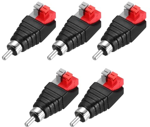 sourcing map 5 Pack RCA Male Speaker Wire Cable Solderless Metal Nickel Plating RCA Speaker Wire Adapter to Audio Male Connector Adapter Plug Jack, Black