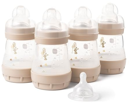 MAM Easy Start Anti-Colic Baby Bottles | 4 Pack (4X 160ml) | Self-Sterilising Baby Milk Bottle | Slow Flow MAM Teats Size 1 + 1x Medium Flow Teat Size 2 | Unisex (Various Designs)
