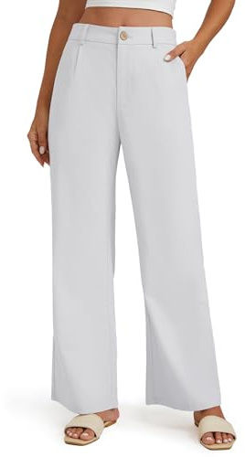 Enmain Blanc Pantalon Lin Femme Jambes Larges Bureau Pantalon Taille Haute Décontracté Coton Costume Pants avec Poches XXL