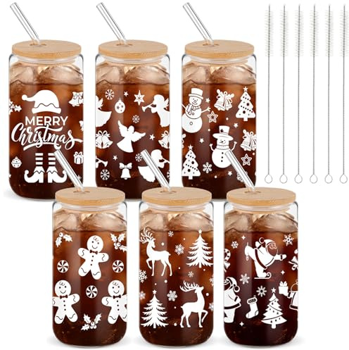 Yetene 6 Set 2026 Christmas Glass Cups Gifts 16 oz Christmas Drinking Glasses with Bamboo Lid Straw Santa Winter Iced Coffee Glasses Gift for Women Xmas Staff Employee Appreciation New Year (White)