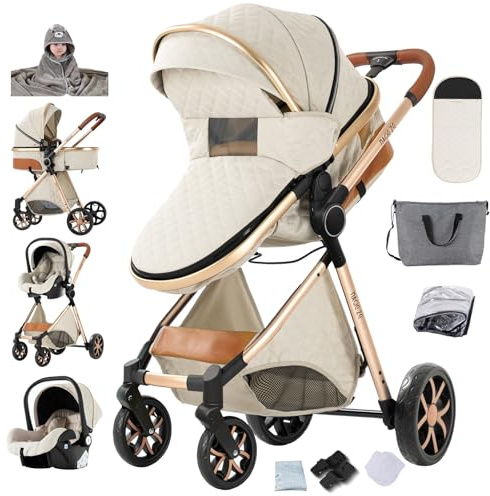 Aveainelle Cochecito 3 en 1, CochIT de Viaje Reclinable y Reversible, Carricoche Carro 3 Piezas Plegable con Un Solo Clic, Carrito con AccITorios Completos y Frenos DoblIT (V9 White+Toalla de baño)