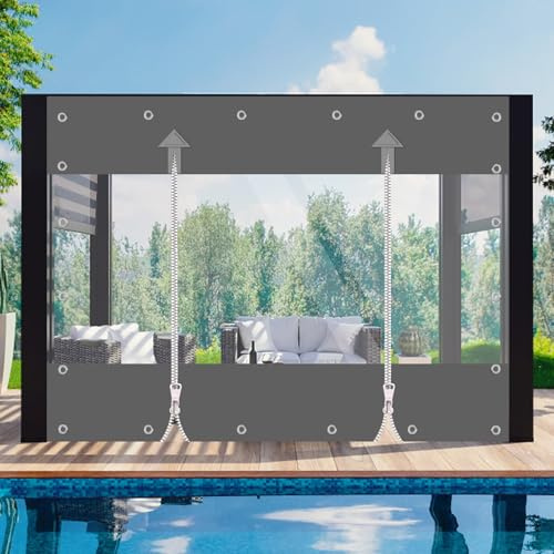 Lona transparente, lona de PVC de 650 g/m², cortina para exteriores con cremallera, lona impermeable, protección contra el viento y la lluvia para cenadores, balcones, terrazas (gris, altura 2,4 m x