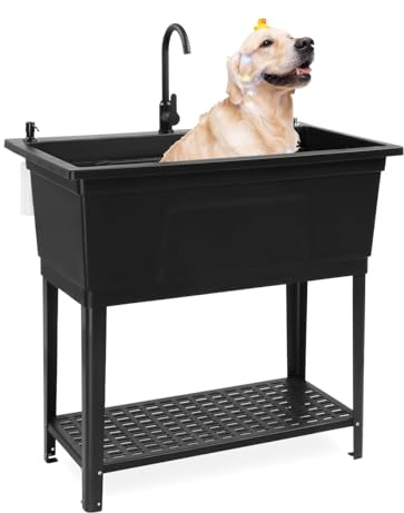 ROVSUN 37-Gallon Freestanding Utility Sink with Faucet, 36 Heightened Basin for Laundry, Garage, Outdoor Garden, Pet Wash, Heavy Duty Plastic Laundry Tub with Storage Shelf, 40L×24W×36H, Black