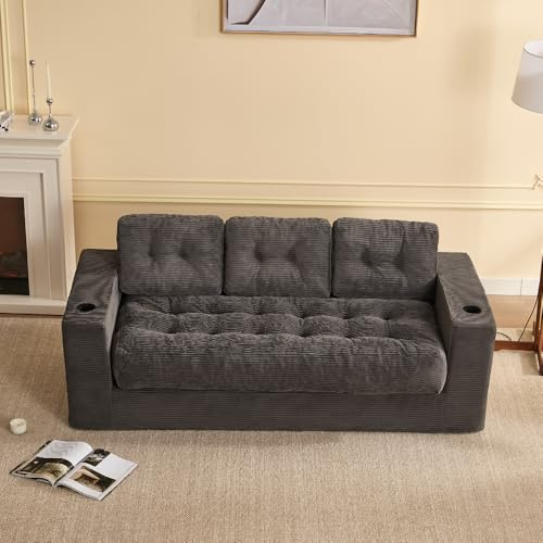 Litbird 3-Sitzer Sofa 190 cm für Wohnzimmer,Set of Boneless Cord-Bodensofa mit Kissen, Armlehnen & Doppel-Getränkehaltern, mit Rückenlehne, kein Aufbau nötig, kleines Mini Sofa, Grau