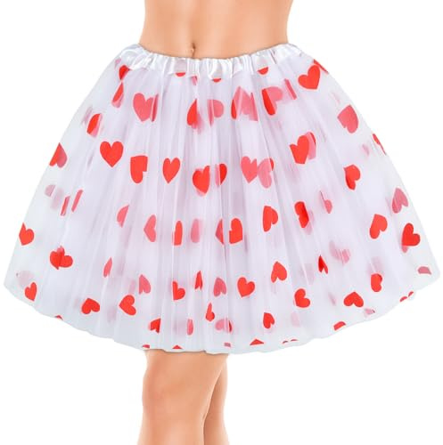 ZOSIGN Tutus Jupe Tulle Blanche, Tutu Coeur, Jupe Tulle Coeur, Jupe Ballet avec Coeur Rouge, Costume de Cupidon Femme Accessoires pour Saint-Valentin, Carnaval, Cosplay Fêtes