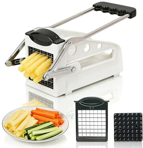 ALKNOT Pommesskärare med 2 skärstorlekar för individuell pommes tjocklek, pommes pommes för 9 eller 12 mm pinnar, halkfri gummifot, potatisskärare med mjukt handtag, vit