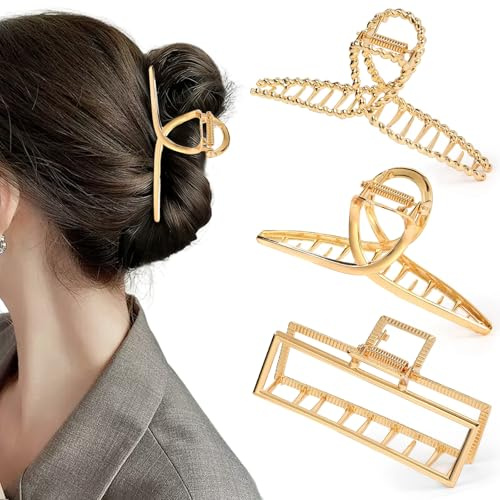 Große Metall Haarklammern für Damen, 3 Stück Rutschfeste Haarspangen, Klauenklemme, Haarnadel, Hair Claw Clips, Haar Accessoires, Haarschmuck für Frauen Mädchen Dickes Dünnes Haar (Gold)