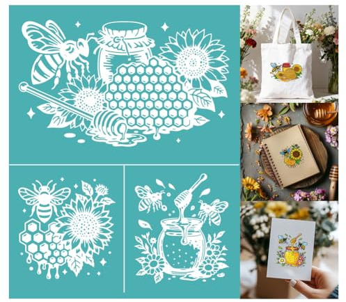 GOMAKERER 2 Sheets Self-Adhesive Silk Screen Printing Stencil, Reusable Honey Bee Sunflower Mesh Stencil Beehive Honeycomb Pattern Template for Painting on Wall, Wood, Home Craft Decor