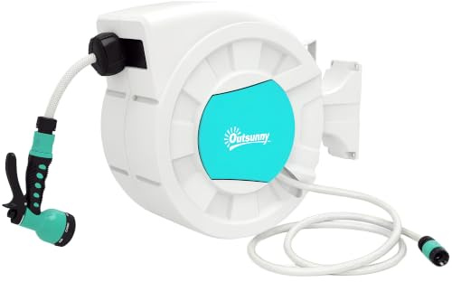 Outsunny Avvolgitubo da Giardino Retrattile Tubo Acqua 25+2 m Grigio Chiaro | Avvolgitubo da Parete Girevole a 180°, Avvolgi Tubo Automatico con Blocco, 7 Getti per Irrigazione, in PP