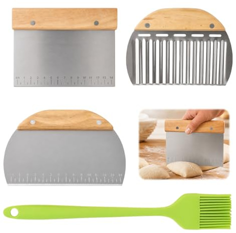 3 Pcs Stainless Steel Dough Scraper with Handle,Dough Cutter | Flexible Pastry Cutter,Bread Dough Cutter for Pizza Bread Making Accessories(3 Styles + 1 Brush)