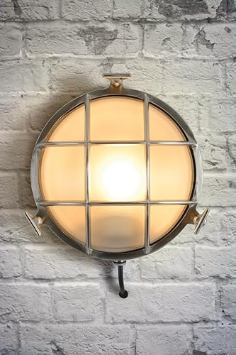 MY Furniture Nautical Wall Light – Industrial Round Porthole Design with Grid Cover and Frosted Glass – Vintage Marine-Inspired Wall Sconce for Hallway, Bathroom or Outdoor Spaces