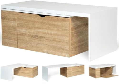 IDMarket - Table Basse rotative Bois et Blanc 360° Lizzi Extensible avec Coffre