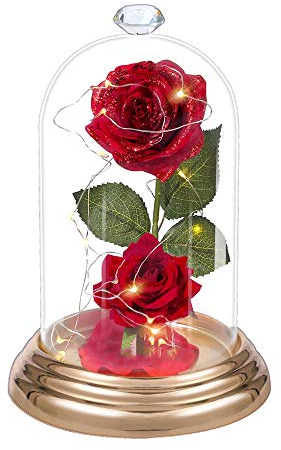 Uoging Rose Eternelle sous Cloche,La Belle et La Bête Rose Fleur Artificielle avec Lumineuse LED Rose Enchantée Dôme en Verre et Base en Bois pour Mariage d'anniversaire de Noël Cadeau