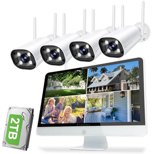 Cromorc Wireless Security Camera System with 16 IPS Monitor, AI Human Detection, Floodlight,Siren Alarm, 2-Way Audio,4PCS 5MP Camera,Expandable 16CH NVR,Home Business Surveillance,3TB HDD