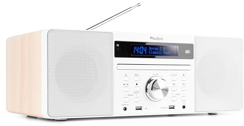 Audizio Prato Radio Dab+ et Lecteur CD avec Technologie sans Fil Bluetooth, Écran LCD, Fonction Horloge et Veille, 2X Port USB, Entrée AUX, Sortie Casque, Télécommande Incluse, Couleur Blanc