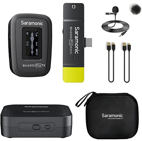 Saramonic Blink500 Pro B5 Mini microfono wireless stereo a doppio canale con custodia di ricarica, con ricevitore connettore USB-C per smartphone Android di tipo C MacBook PC, Nero