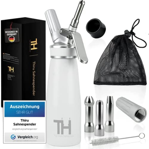 Thiru sifone Panna montata incl. 3 beccucci in Acciaio Inossidabile, Sacchetto di Rete e Spazzola di Pulizia | Premium Sifone di Panna 500ml (Bianco)