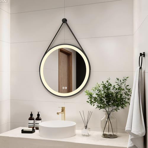 Heilmetz Miroir Salle de Bain Rond LED Diamètre 50 cm, avec Interrupteur Tactile et 3 Couleurs de Lumière à Intensité Variable, Monture Noire et Bandoulière Réglable Miroir Mural