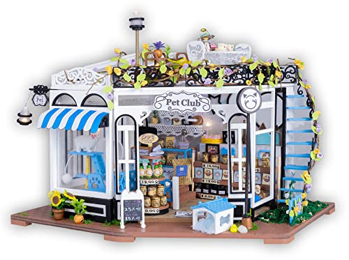 Crafts&Co® Miniatyr dockhus att bygga | Miniatyr DIY hus modell med möbler | DIY trä dockhus kit | miniatyr djur dockhus: Pet Club