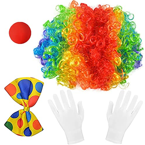 4 Stück Clown Kostüm Accessoire,Regenbogen Perücke Clown,Lockenperücke Clown,Kostümzubehör Clown,Clown Kostümzubehör,Clown Lockenperücke+Clownsnase+Bunte Fliege+Handschuhe (Fliege)
