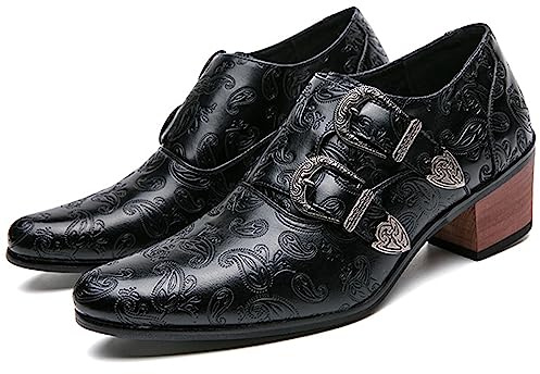 Men Pointed Toe Formal Dress Leather Shoes Personality Monk-Strap Slip-On Oxford Loafer Chunky Heel Arch Support Low Top Bootie (Black,12,Men,12)