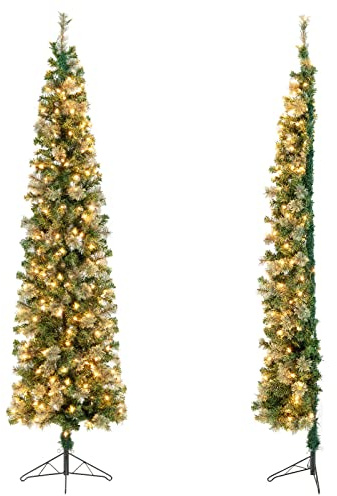 COSTWAY Medio Árbol de Navidad Slim/Estrecho con Luces 210cm, Arboles de Navidad Delgado, 403 Ramas PVC, Arbol de Navidad con Luces Incorporadas 150 Luces LED，Arvore de Natal Casa/Oficina