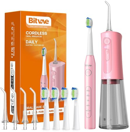 Bitvae Water Dental Flosser Teeth Picks - Cordless Portable Oral Irrigator, 5 Modes Sonic Electric Toothbrush with 3 Modes & 5 intensities Water Teeth Cleaner Combo, Quartz Pink
